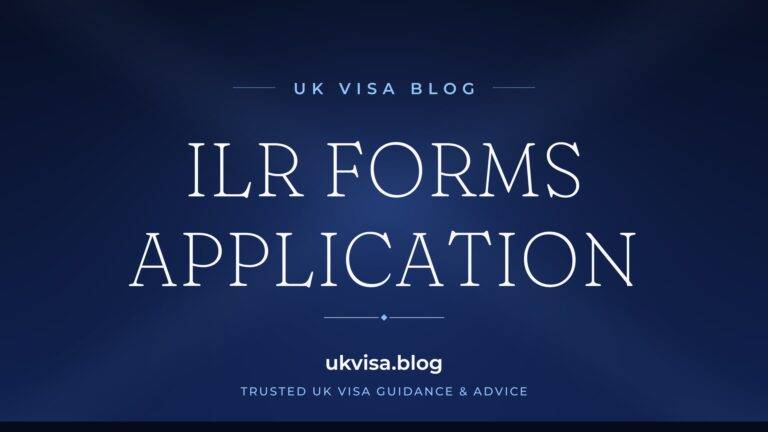 UK Visa Blog featured image — "ILR Forms Application" in white serif type on a navy blue background with Union Jack light beams