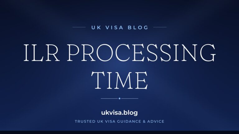 Home 12 UK Visa Blog featured image — "ILR Processing Time" in white serif type on a navy blue background with Union Jack light beams