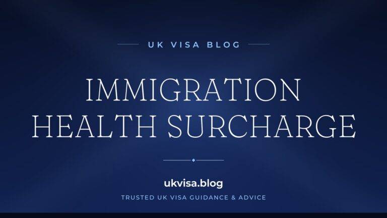 Home 2 UK Visa Blog featured image — "Immigration Health Surcharge" in white serif type on a navy blue background with Union Jack light beams