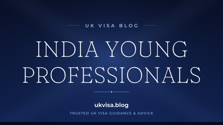 Home 2 UK Visa Blog featured image — "India Young Professionals" in white serif type on a navy blue background with Union Jack light beams