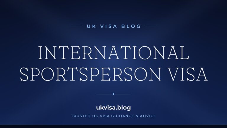 Home 8 UK Visa Blog featured image — "International Sportsperson Visa" in white serif type on a navy blue background with Union Jack light beams