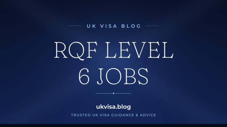 Home 8 UK Visa Blog featured image — "RQF Level 6 Jobs" in white serif type on a navy blue background with Union Jack light beams