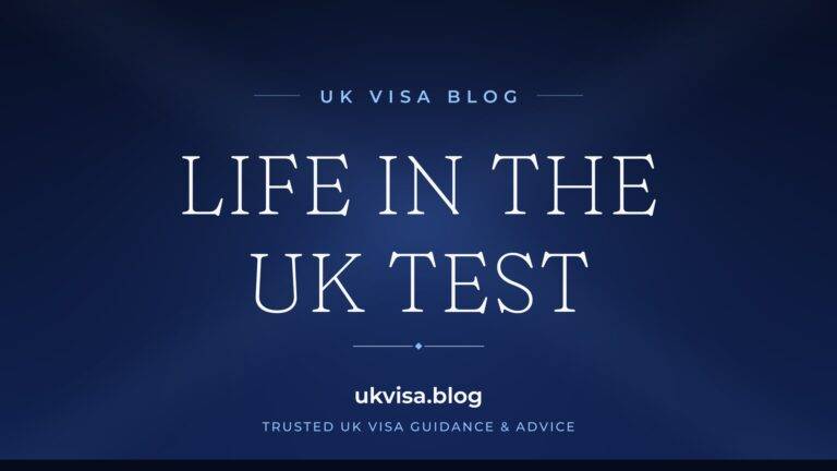 Home 6 UK Visa Blog featured image — "Life in the UK Test" in white serif type on a navy blue background with Union Jack light beams