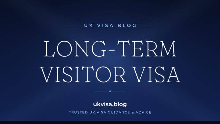 UK Visa Blog featured image — "Long-Term Visitor Visa" in white serif type on a navy blue background with Union Jack light beams