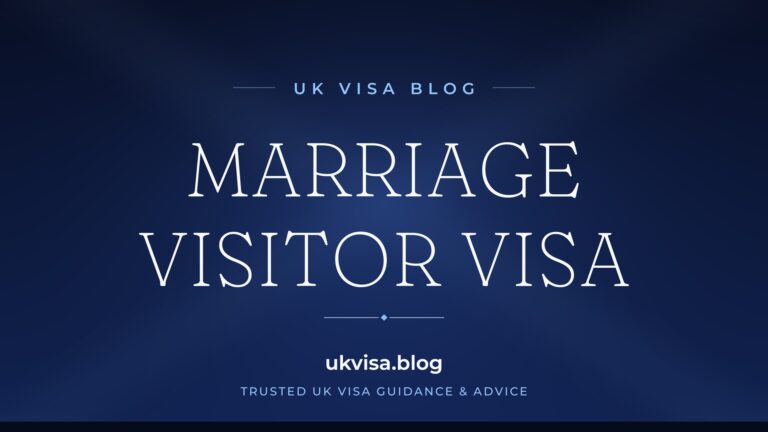 Home 5 UK Visa Blog featured image — "Marriage Visitor Visa" in white serif type on a navy blue background with Union Jack light beams