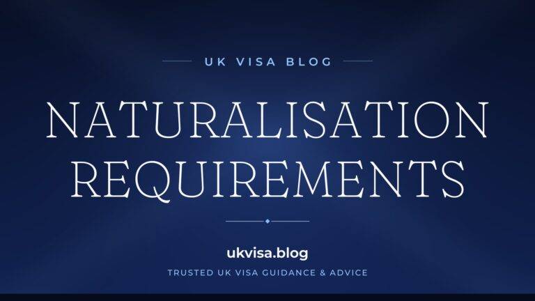Home 2 UK Visa Blog featured image — "Naturalisation Requirements" in white serif type on a navy blue background with Union Jack light beams