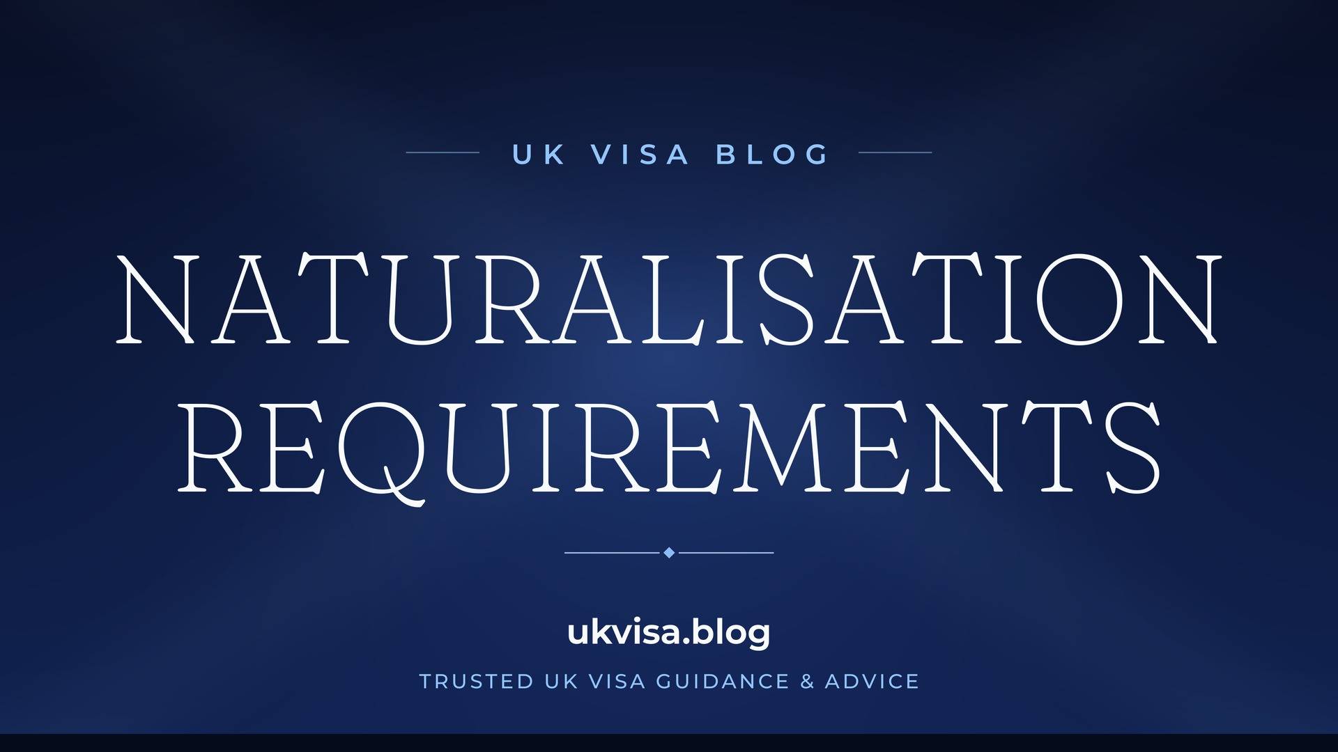 UK Visa Blog featured image — "Naturalisation Requirements" in white serif type on a navy blue background with Union Jack light beams