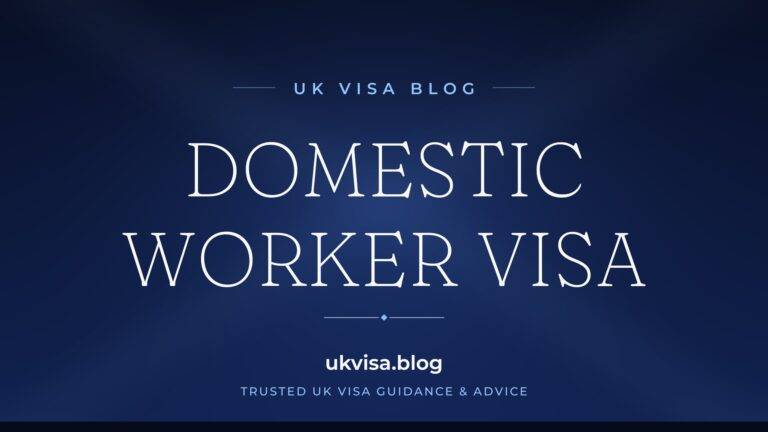 Home 9 UK Visa Blog featured image — "Domestic Worker Visa" in white serif type on a navy blue background with Union Jack light beams