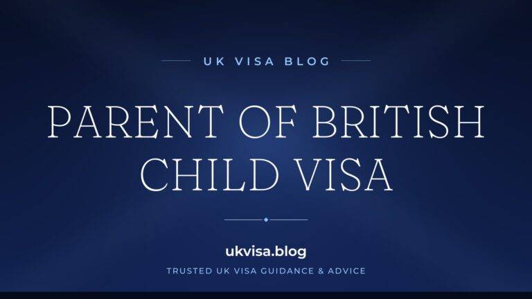 Home 2 UK Visa Blog featured image — "Parent of British Child Visa" in white serif type on a navy blue background with Union Jack light beams