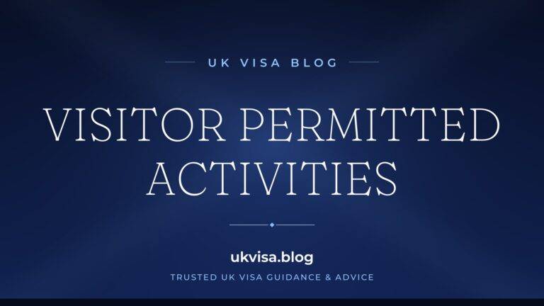 UK Visa Blog featured image — "Visitor Permitted Activities" in white serif type on a navy blue background with Union Jack light beams