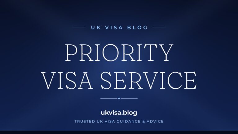 Home 11 UK Visa Blog featured image — "Priority Visa Service" in white serif type on a navy blue background with Union Jack light beams