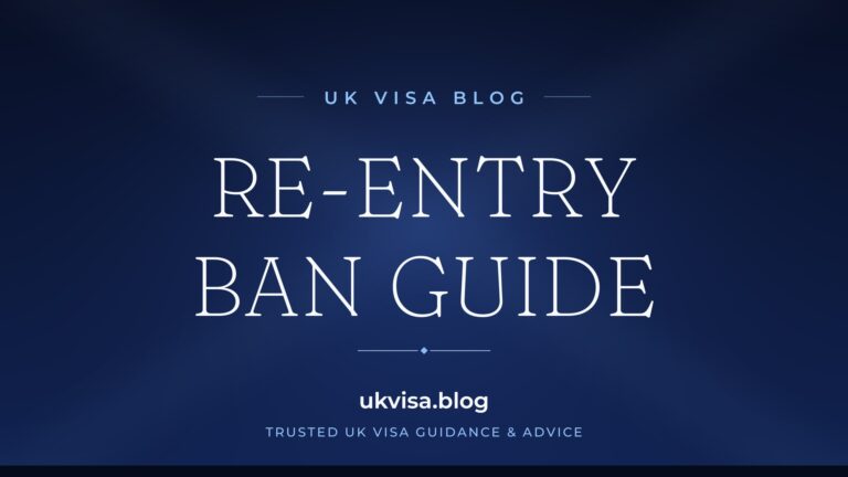 Home 4 UK Visa Blog featured image — "Re-Entry Ban Guide" in white serif type on a navy blue background with Union Jack light beams
