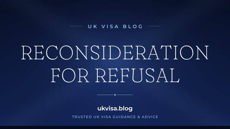 UK Visa Blog featured image — "Reconsideration for Refusal" in white serif type on a navy blue background with Union Jack light beams