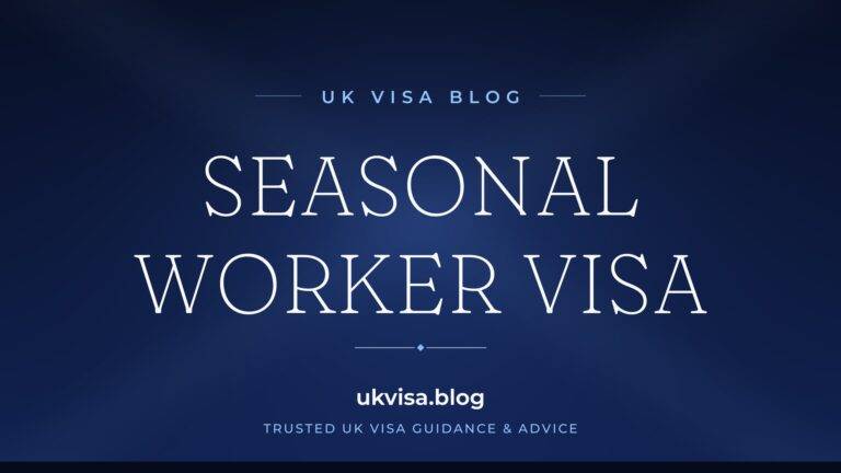 UK Visa Blog featured image — "Seasonal Worker Visa" in white serif type on a navy blue background with Union Jack light beams
