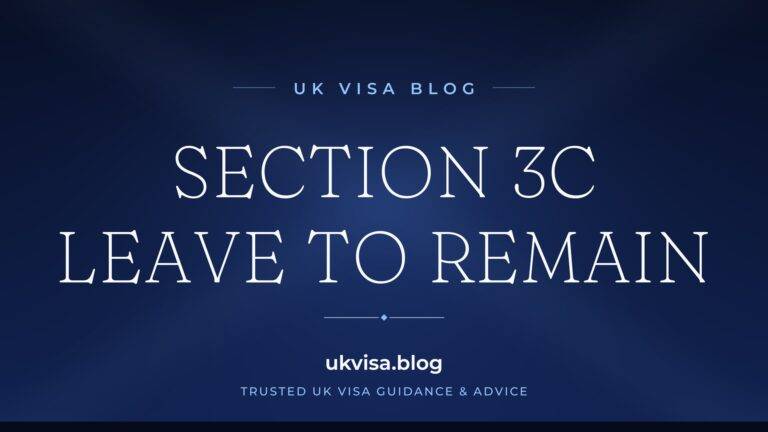 Home 7 UK Visa Blog featured image — "Section 3C Leave to Remain" in white serif type on a navy blue background with Union Jack light beams