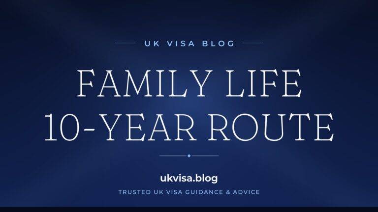 Home 5 UK Visa Blog featured image — "Family Life 10-Year Route" in white serif type on a navy blue background with Union Jack light beams