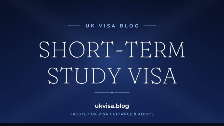 UK Visa Blog featured image — "Short-Term Study Visa" in white serif type on a navy blue background with Union Jack light beams