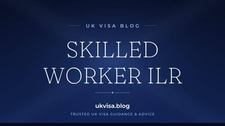 Home 10 UK Visa Blog featured image — "Skilled Worker ILR" in white serif type on a navy blue background with Union Jack light beams