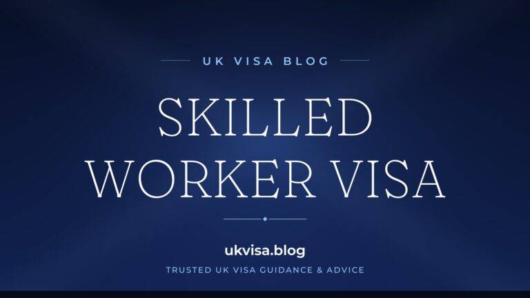 Home 6 UK Visa Blog featured image — "Skilled Worker Visa" in white serif type on a navy blue background with Union Jack light beams