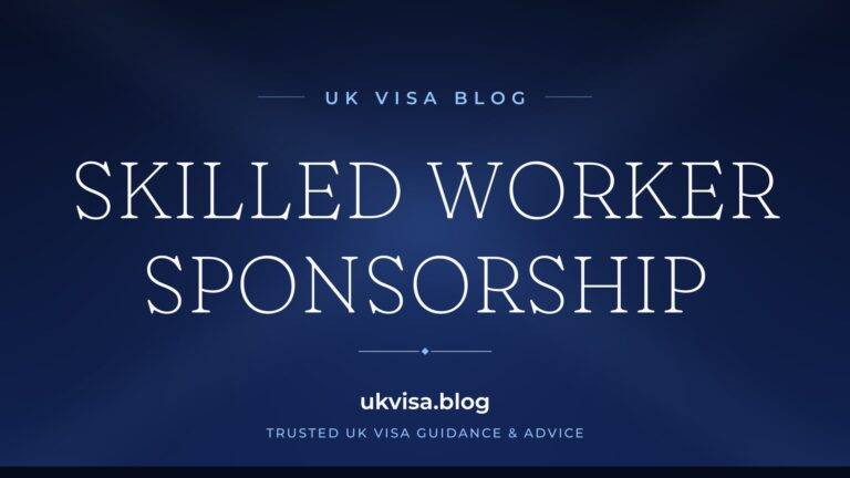 UK Visa Blog featured image — "Skilled Worker Sponsorship" in white serif type on a navy blue background with Union Jack light beams