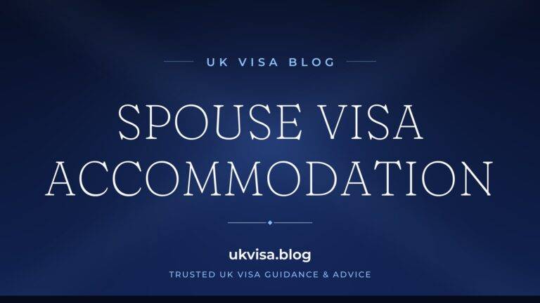 Home 5 UK Visa Blog featured image — "Spouse Visa Accommodation" in white serif type on a navy blue background with Union Jack light beams