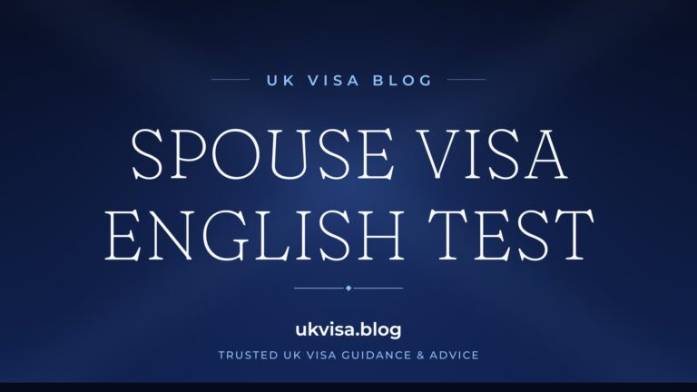 Home 13 UK Visa Blog featured image — "Spouse Visa English Test" in white serif type on a navy blue background with Union Jack light beams