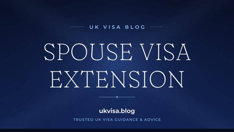 Home 2 UK Visa Blog featured image — "Spouse Visa Extension" in white serif type on a navy blue background with Union Jack light beams