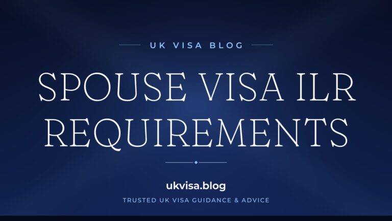 Home 13 UK Visa Blog featured image — "Spouse Visa ILR Requirements" in white serif type on a navy blue background with Union Jack light beams