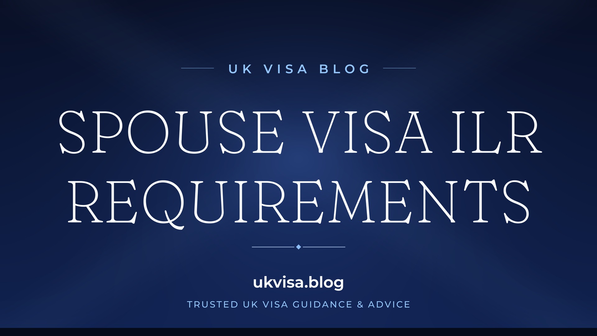 UK Visa Blog featured image — "Spouse Visa ILR Requirements" in white serif type on a navy blue background with Union Jack light beams