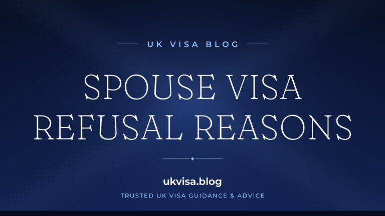 UK Visa Blog featured image — "Spouse Visa Refusal Reasons" in white serif type on a navy blue background with Union Jack light beams
