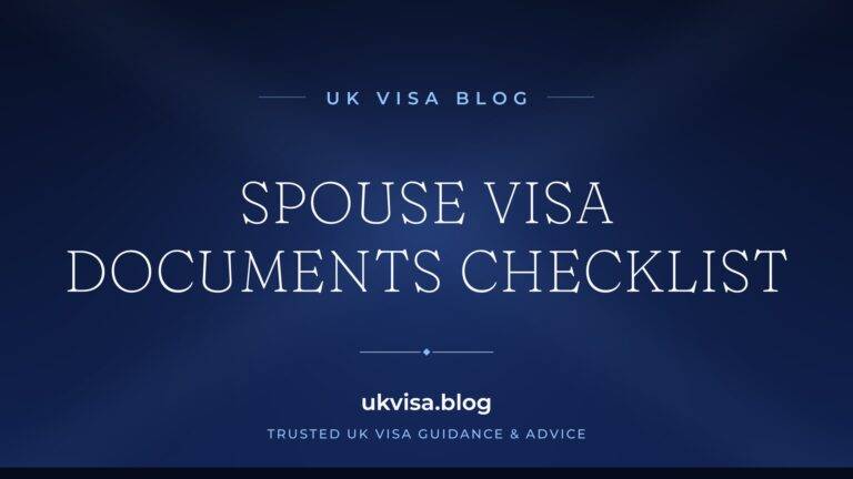 Home 2 UK Visa Blog featured image — "Spouse Visa Documents Checklist" in white serif type on a navy blue background with Union Jack light beams