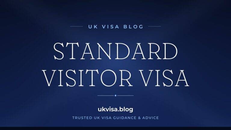 Home 12 UK Visa Blog featured image — "Standard Visitor Visa" in white serif type on a navy blue background with Union Jack light beams