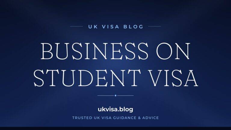 UK Visa Blog featured image — "Business on Student Visa" in white serif type on a navy blue background with Union Jack light beams