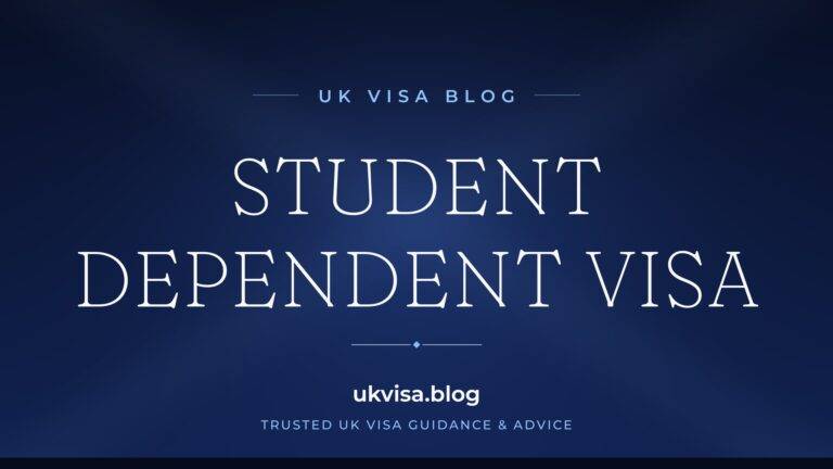 UK Visa Blog featured image — "Student Dependent Visa" in white serif type on a navy blue background with Union Jack light beams