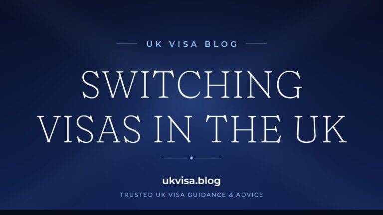 Home 11 UK Visa Blog featured image — "Switching Visas in the UK" in white serif type on a navy blue background with Union Jack light beams