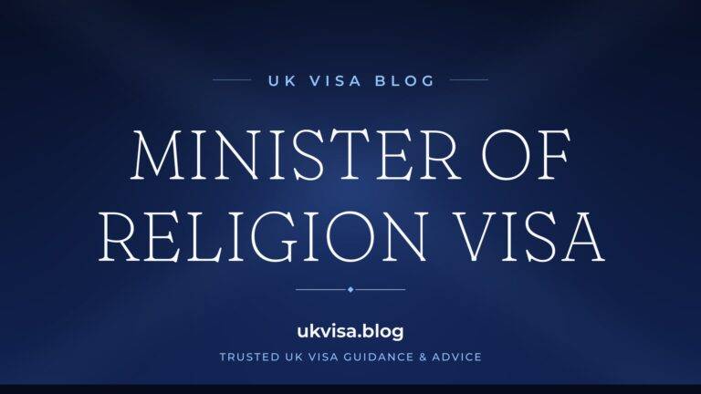 UK Visa Blog featured image — "Minister of Religion Visa" in white serif type on a navy blue background with Union Jack light beams
