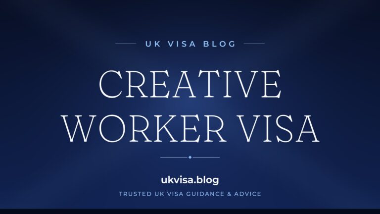 Home 3 UK Visa Blog featured image — "Creative Worker Visa" in white serif type on a navy blue background with Union Jack light beams