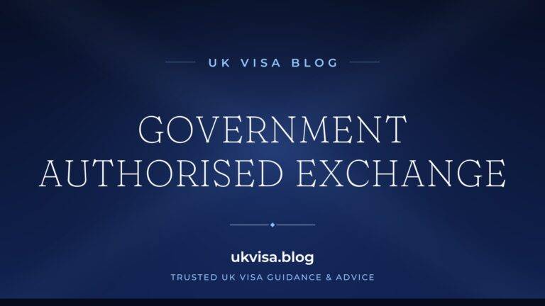 UK Visa Blog featured image — "Government Authorised Exchange" in white serif type on a navy blue background with Union Jack light beams