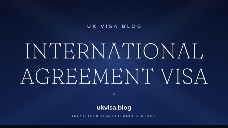 Home 4 UK Visa Blog featured image — "International Agreement Visa" in white serif type on a navy blue background with Union Jack light beams