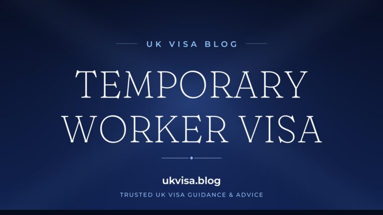 Home 2 UK Visa Blog featured image — "Temporary Worker Visa" in white serif type on a navy blue background with Union Jack light beams