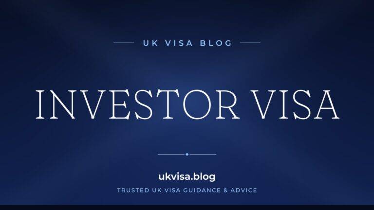 Home 9 UK Visa Blog featured image — "Investor Visa" in white serif type on a navy blue background with Union Jack light beams