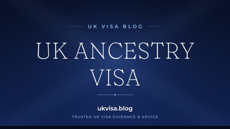Home 10 UK Visa Blog featured image — "UK Ancestry Visa" in white serif type on a navy blue background with Union Jack light beams