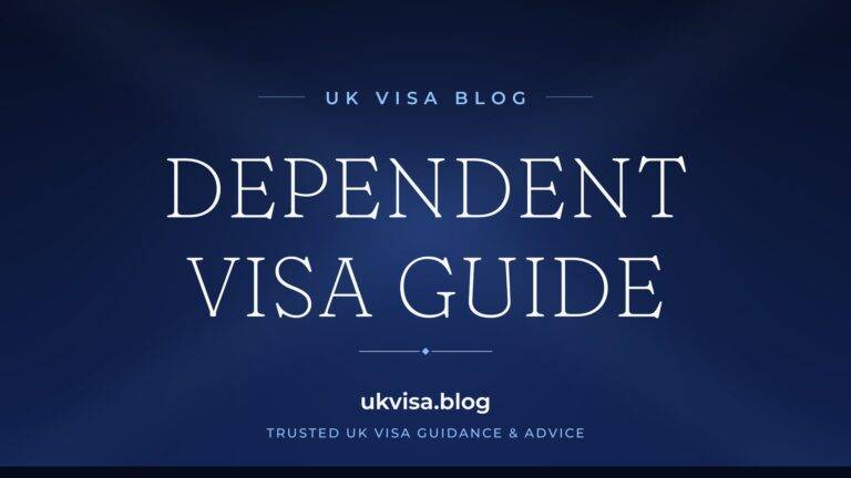 Home 7 UK Visa Blog featured image — "Dependent Visa Guide" in white serif type on a navy blue background with Union Jack light beams