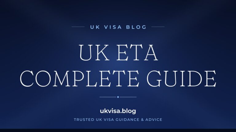 Home 13 UK Visa Blog featured image — "UK ETA Complete Guide" in white serif type on a navy blue background with Union Jack light beams