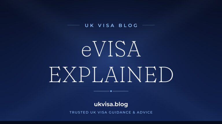 Home 3 UK Visa Blog featured image — "eVisa Explained" in white serif type on a navy blue background with Union Jack light beams