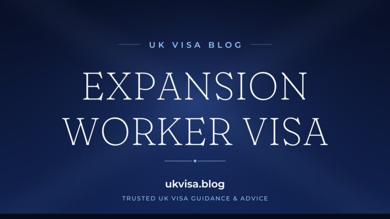 Home 9 UK Visa Blog featured image — "Expansion Worker Visa" in white serif type on a navy blue background with Union Jack light beams