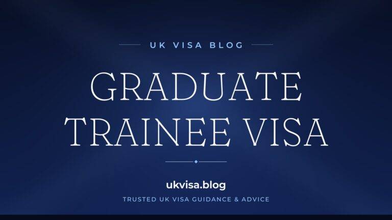 UK Visa Blog featured image — "Graduate Trainee Visa" in white serif type on a navy blue background with Union Jack light beams