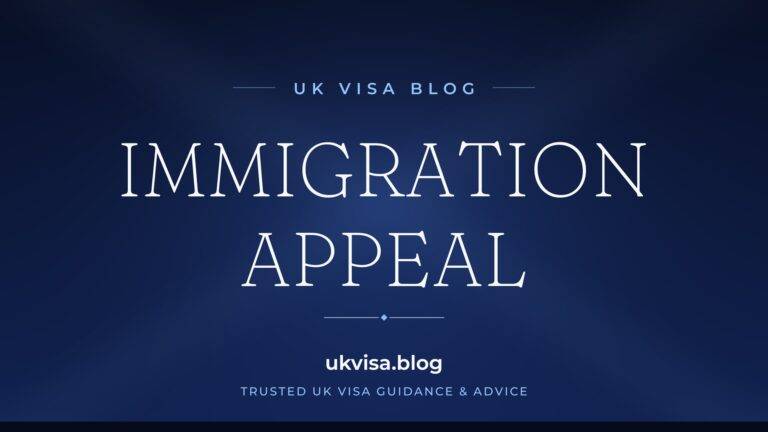 Home 11 UK Visa Blog featured image — "Immigration Appeal" in white serif type on a navy blue background with Union Jack light beams