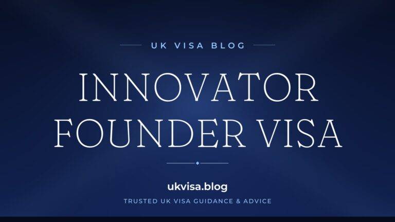 Home 9 UK Visa Blog featured image — "Innovator Founder Visa" in white serif type on a navy blue background with Union Jack light beams