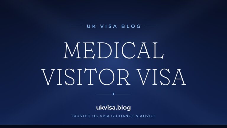 Home 11 UK Visa Blog featured image — "Medical Visitor Visa" in white serif type on a navy blue background with Union Jack light beams